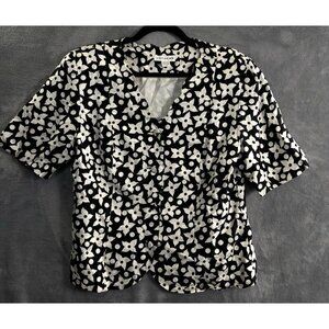 HUDSON'S Women Silk Blazer Size 12 Black White Floral Button Front Elegant 36-11